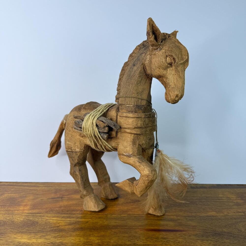 Vintage Horse Figure Hand Carved Wood Folk Art Figurine Rustic